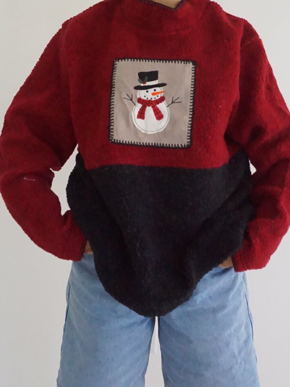 Vintage C&B Red Black Snowman Plaid Christmas Holiday Patchwork Sweater XL